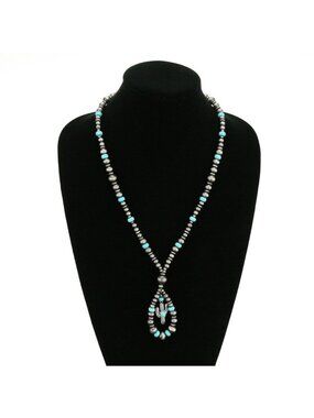 Hippie by JolliMolli Western Navajo Style Pearl & Turquoise Cactus Necklace JN00